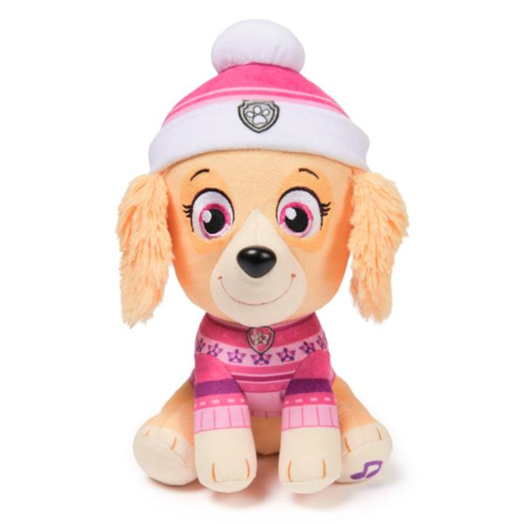 Plush Paw Patrol toy with a dog character wearing a pink hat and scarf on a white background