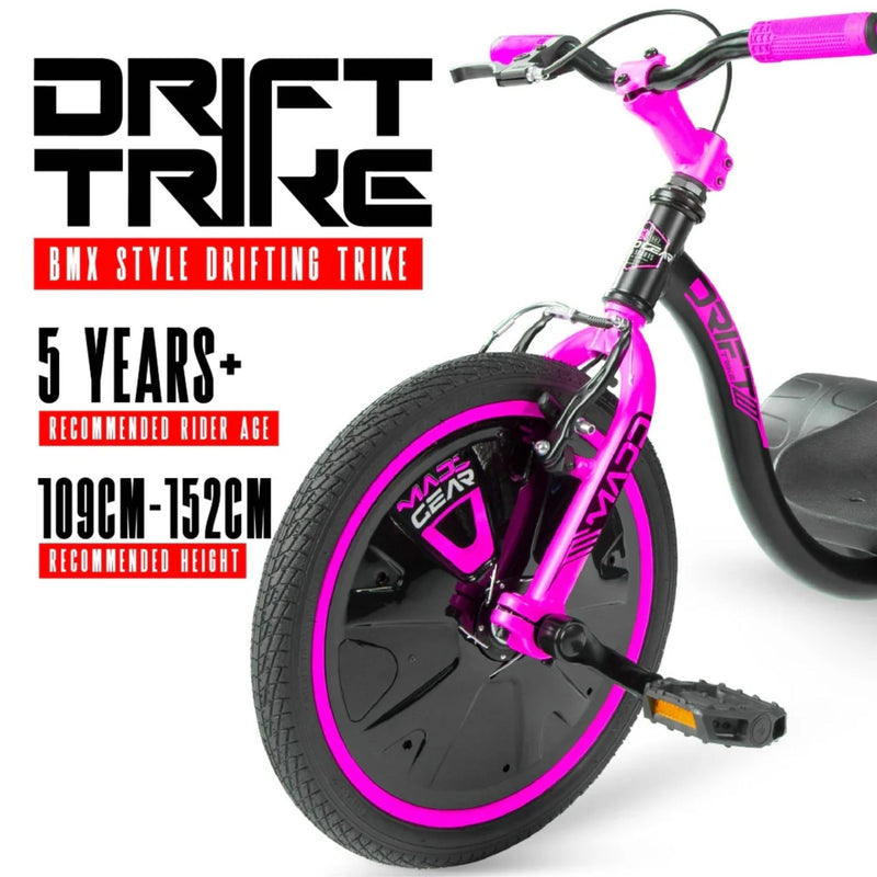 Madd Gear Drift Trike, recommended for ages 5+ and rider heights of 109–152 cm