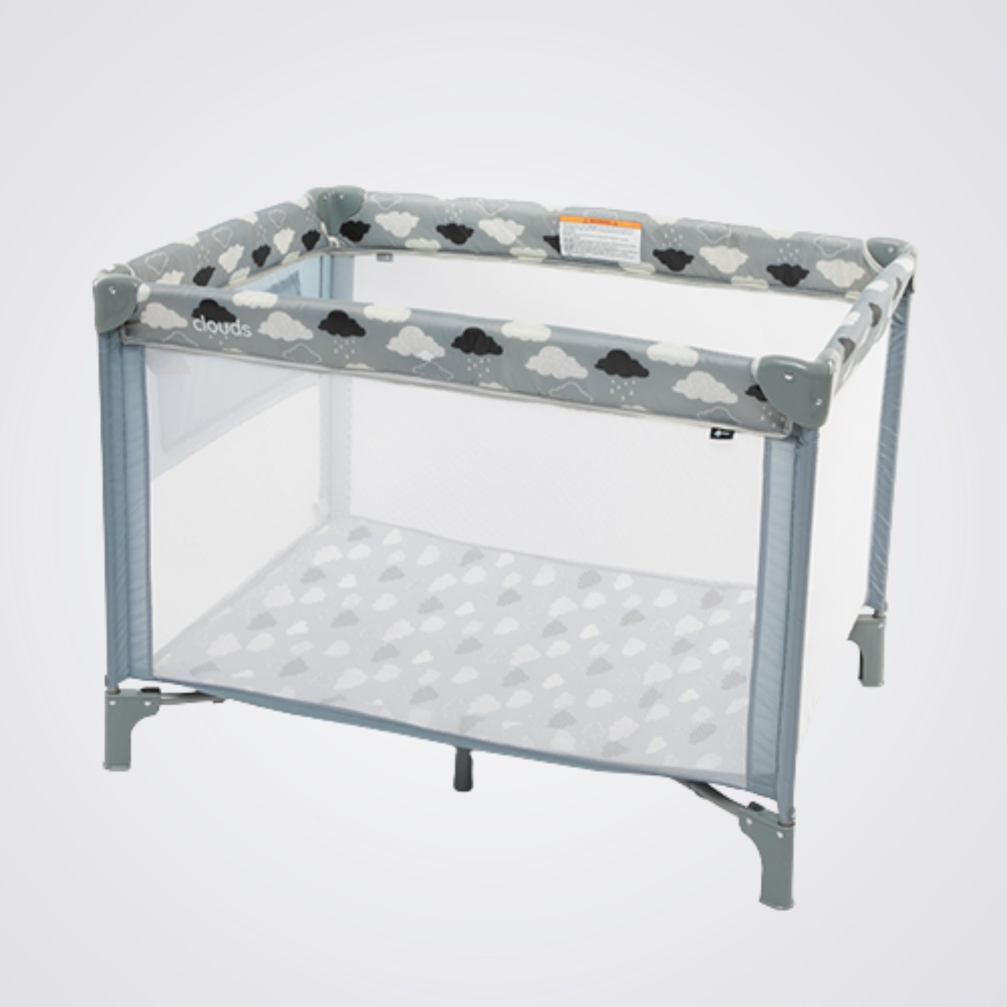 Baby playpen with cloud pattern on a light grey background