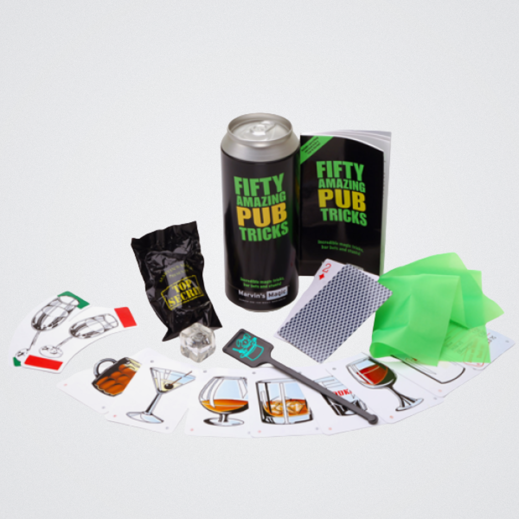 Fifty pub tricks laid out with container 