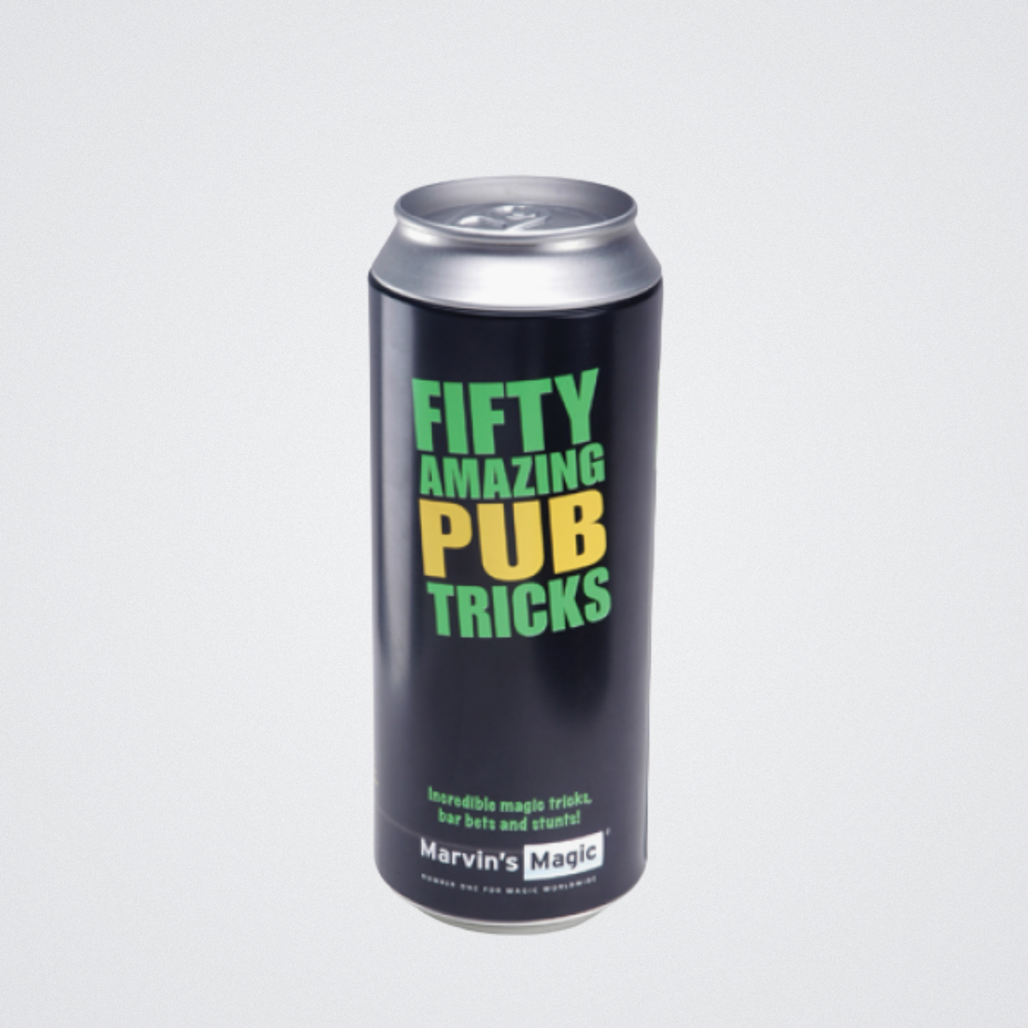 Can of 'Fifty Amazing Pub Tricks' by Marvin's Magic on a light gray background