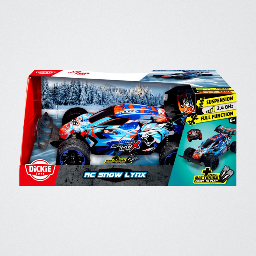Boxed Dickie Toys RC Snow Lynx toy car on a white background