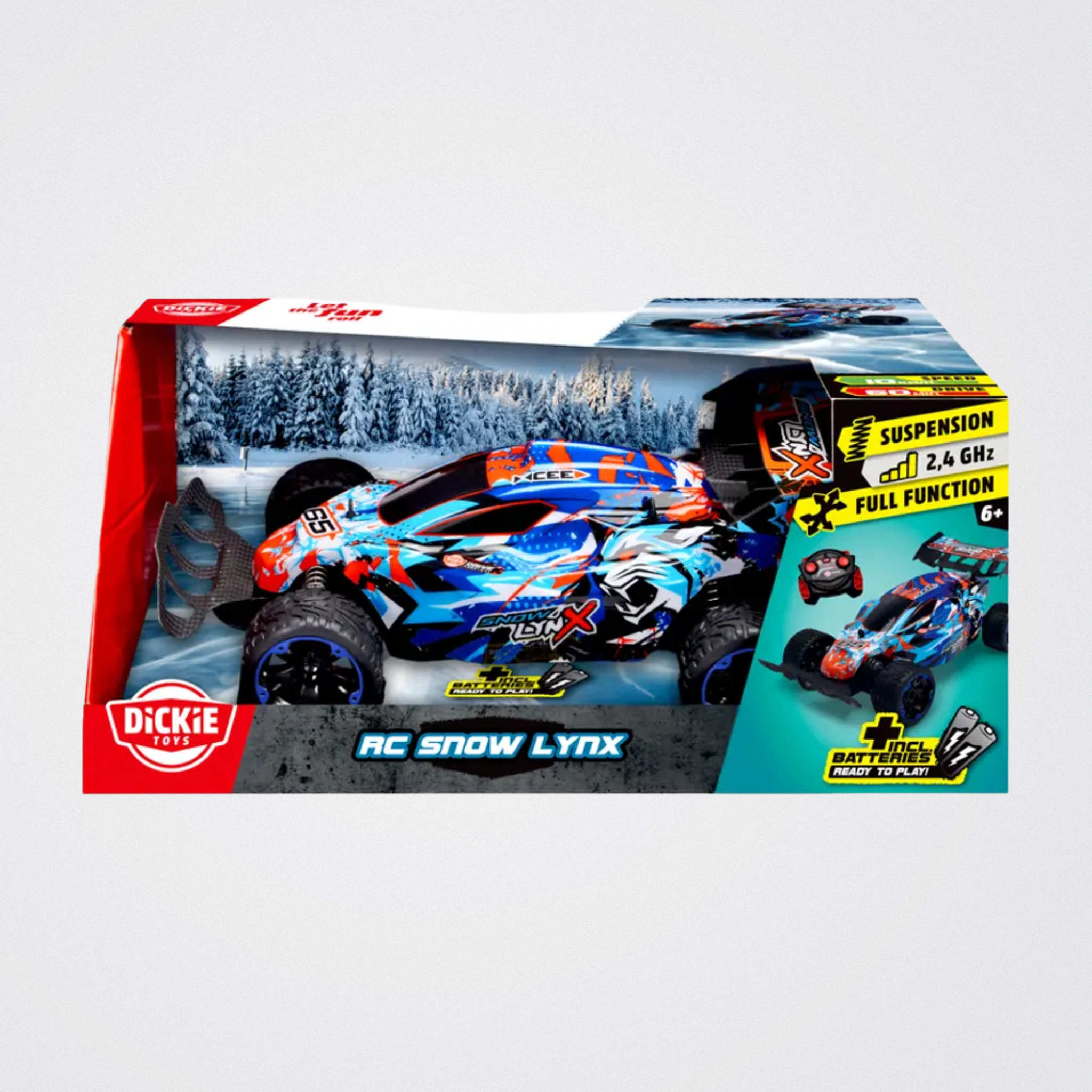 Boxed Dickie Toys RC Snow Lynx toy car on a white background