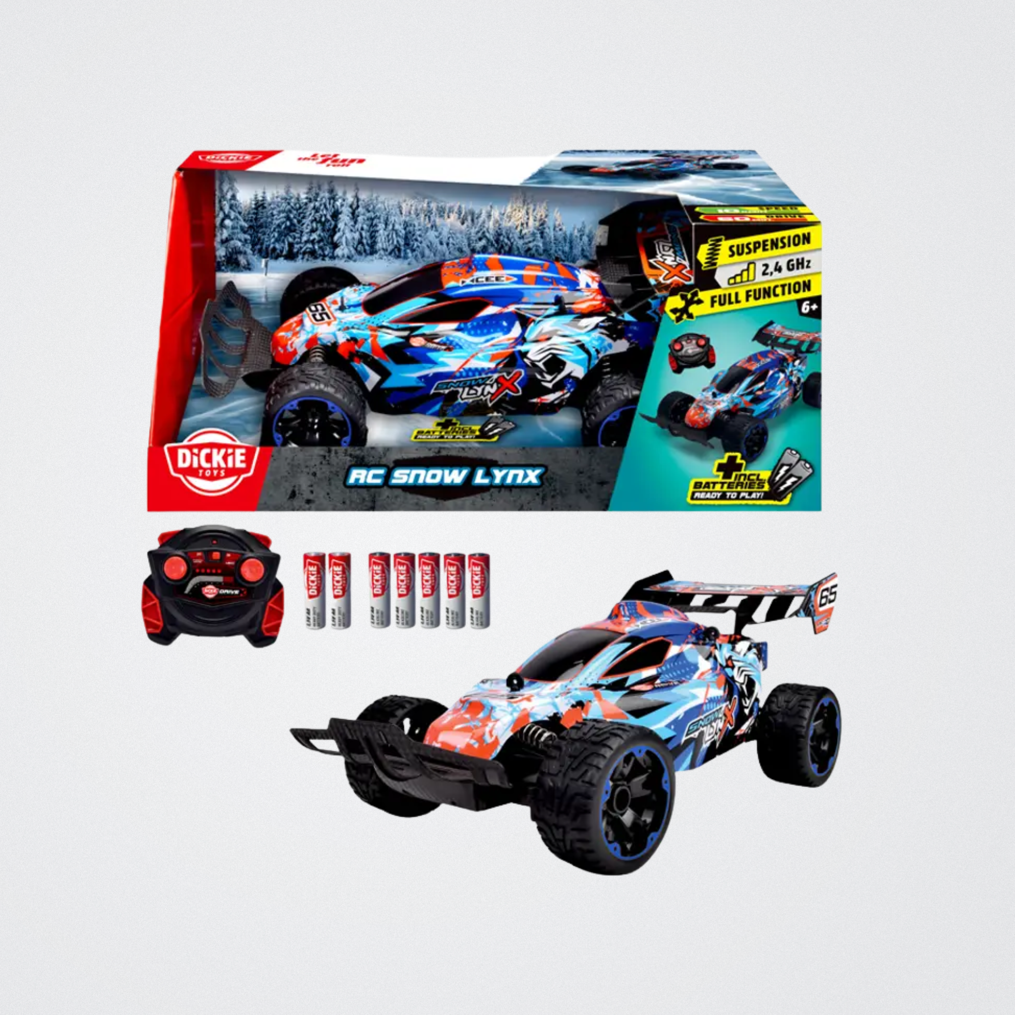 Toy RC car with packaging and batteries on a light gray background