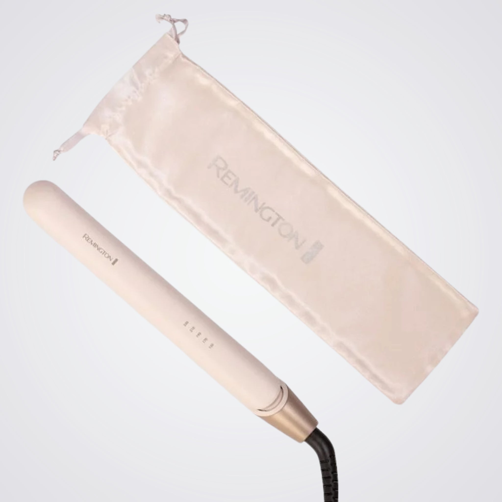 Remington hair straightener Pink with branded pouch on a light grey background