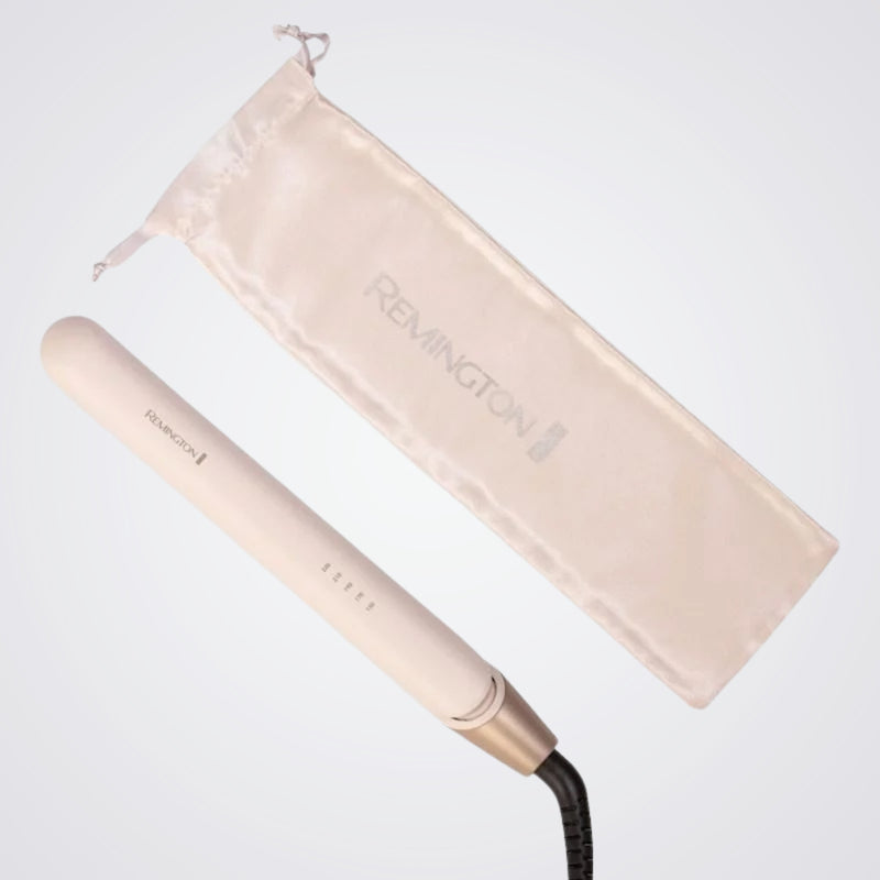 Remington hair straightener Pink with branded pouch on a light grey background