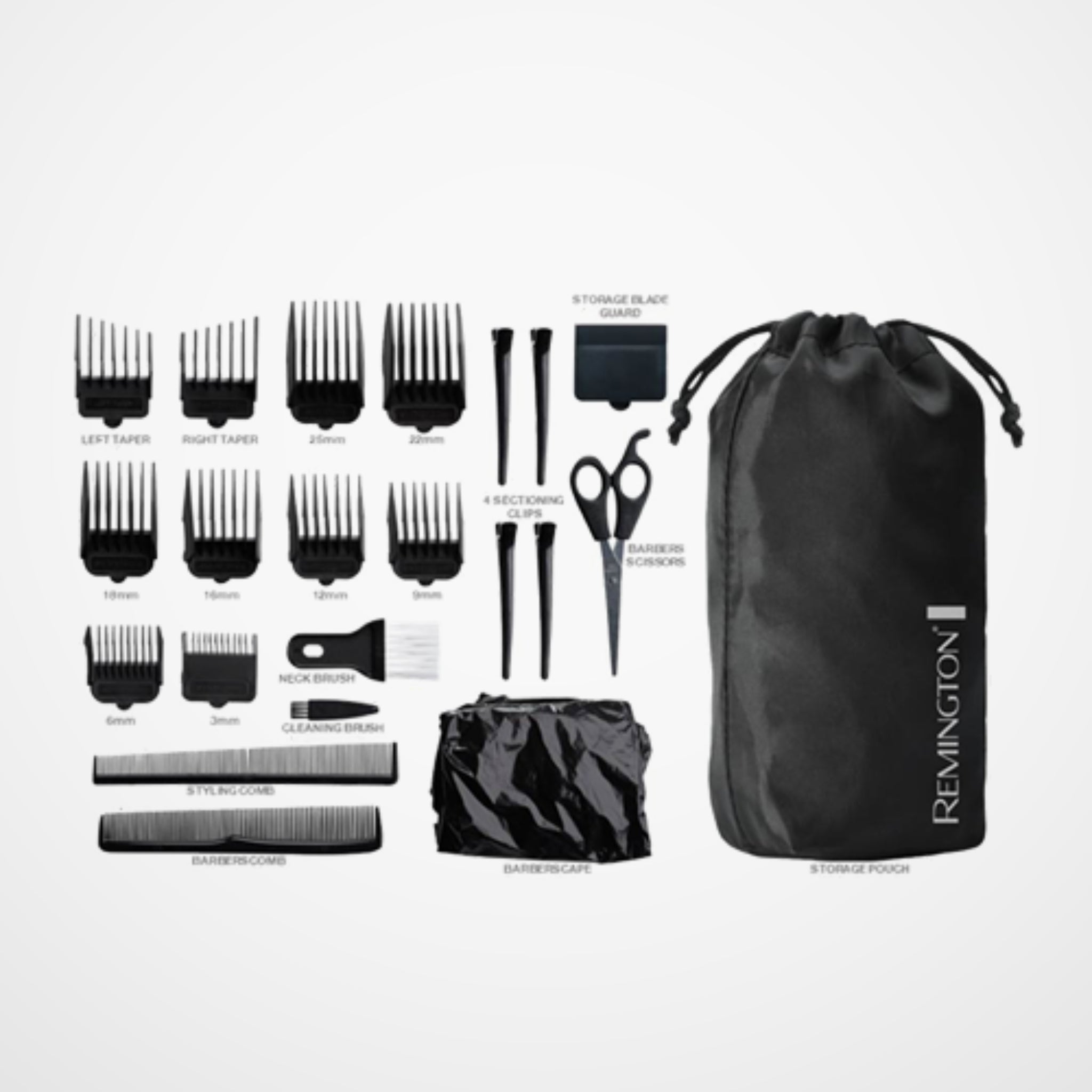 Set of grooming tools including combs, scissors, and brushes with a Remington branded bag on a Light background.