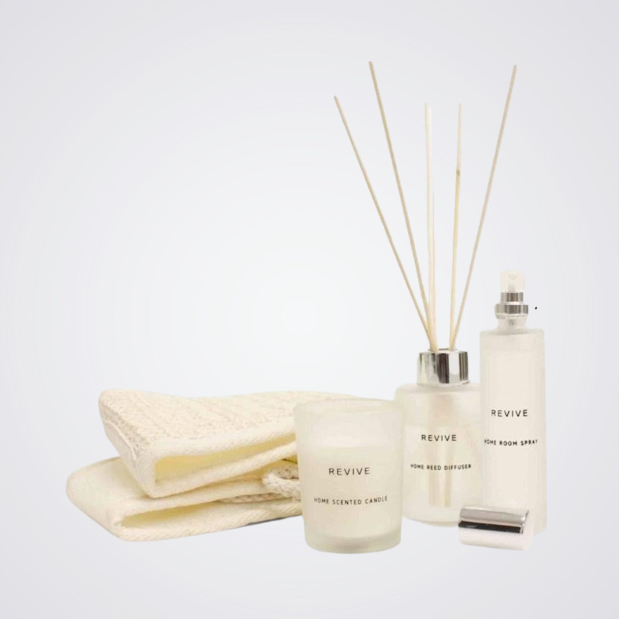 Aroma Gift set in Frosted Glass Bottles. Candle, Diffuser, Spray and Quality Cream Towel.