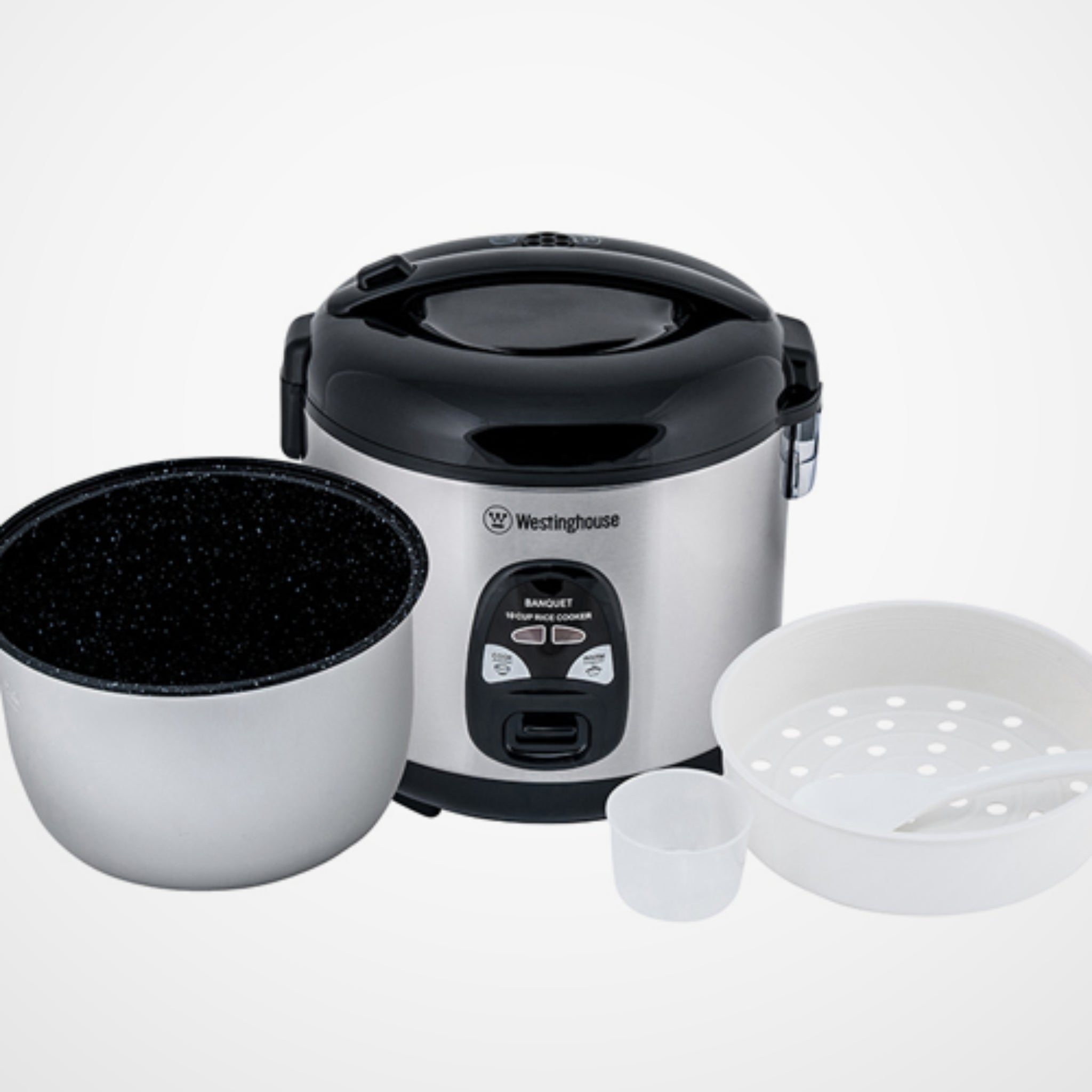 Westinghouse Stainless steel and Black Rice cooker with accessories.