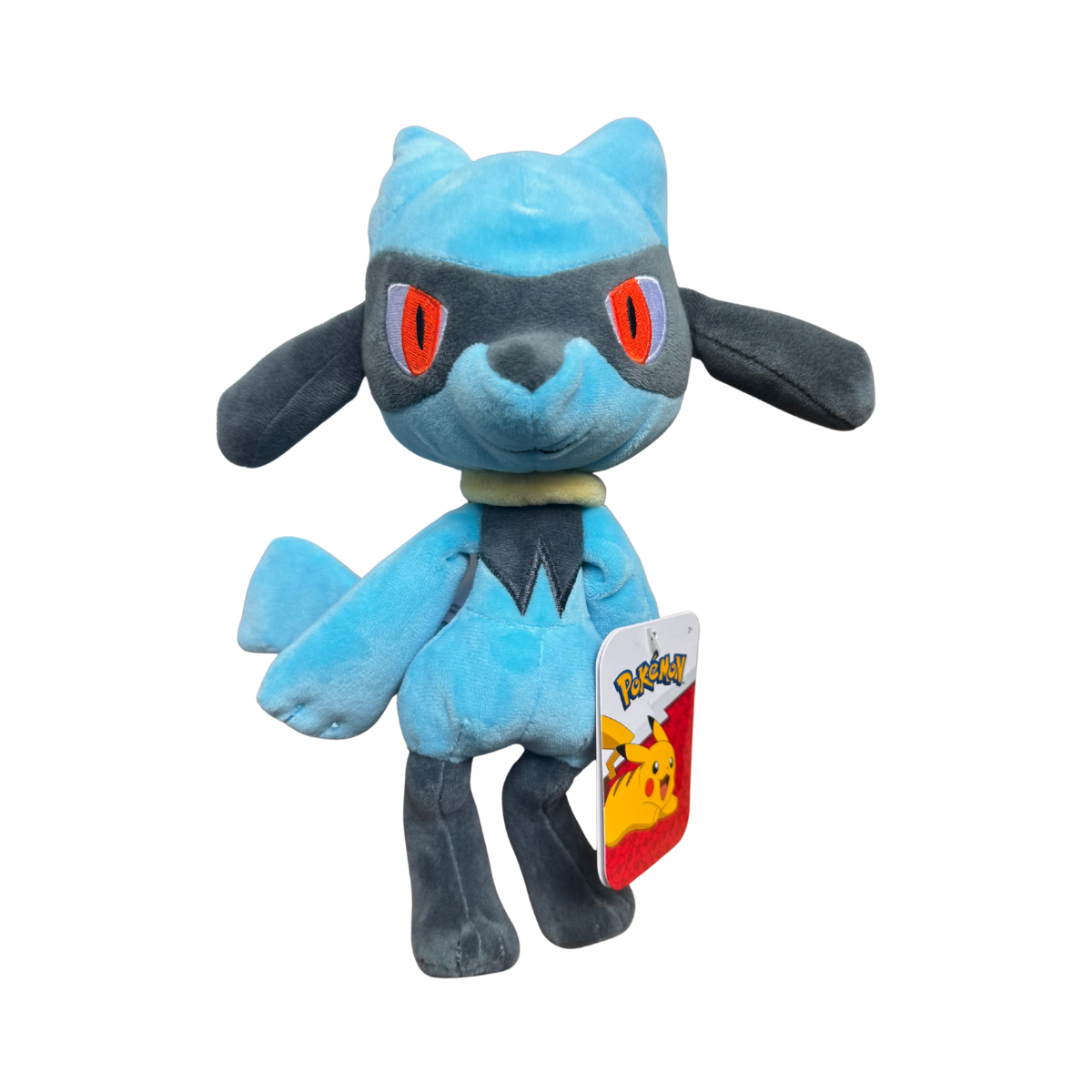 Blue Riolu plush toy with a tag on a white background