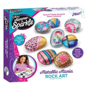 Cra-Z-Art Shimmer 'n Sparkle Metallic Mania Rock Art kit packaging with decorated rocks and child at work.