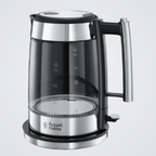 Glass electric kettle with black base and handle on a light gray background, featuring the Russell Hobbs logo.