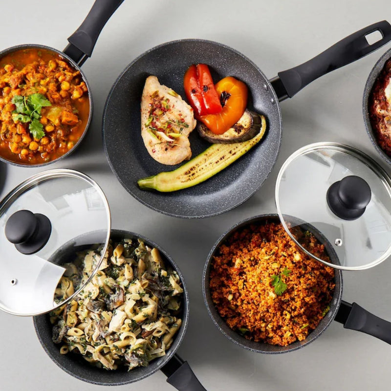 Russell Hobbs Metallic Marble pans with cooked meals