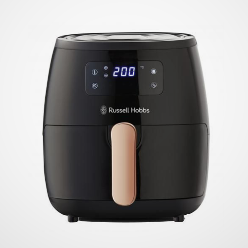 Black Russell Hobbs air fryer with digital display on a white background