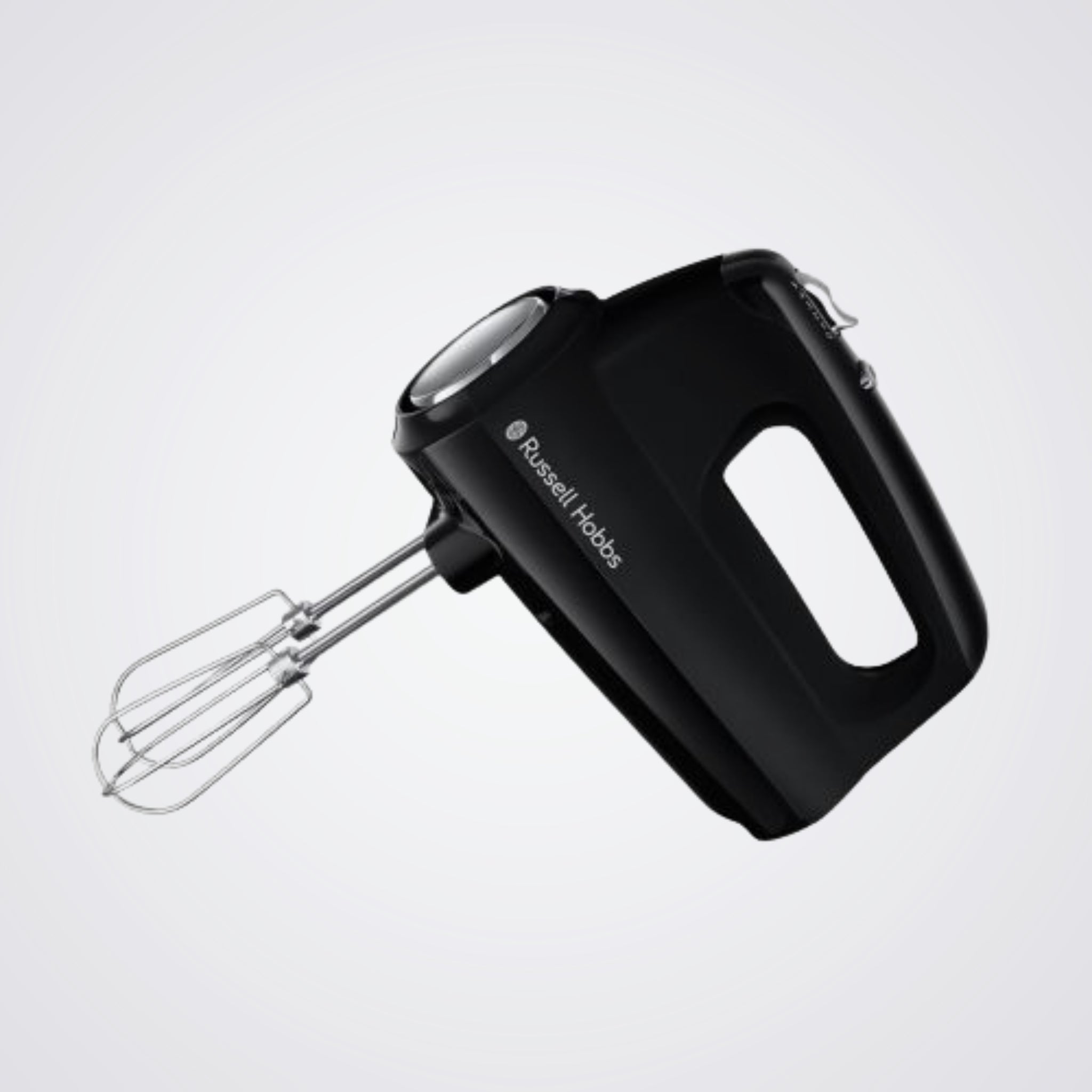 Black hand mixer with whisk attachment on a light grey background