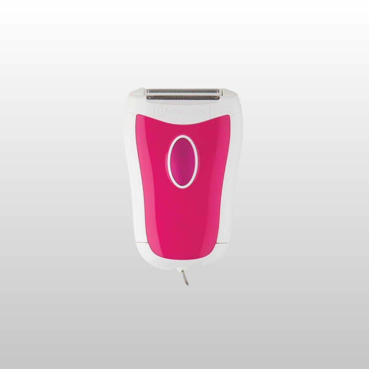 Pink and white electric shaver on a light gray background