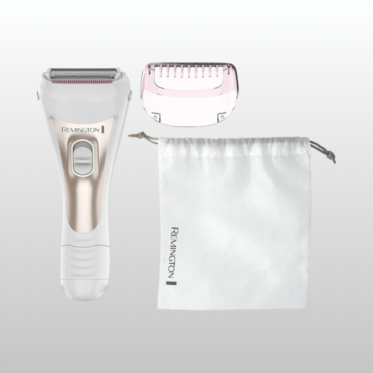 Remington hair removal product set with shaver and roller on a light gray background