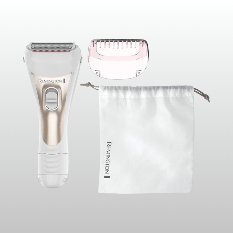 Remington hair removal product set with shaver and roller on a light gray background