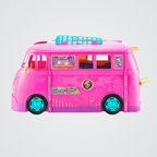 Pink toy camper van with blue wheels on a light gray background