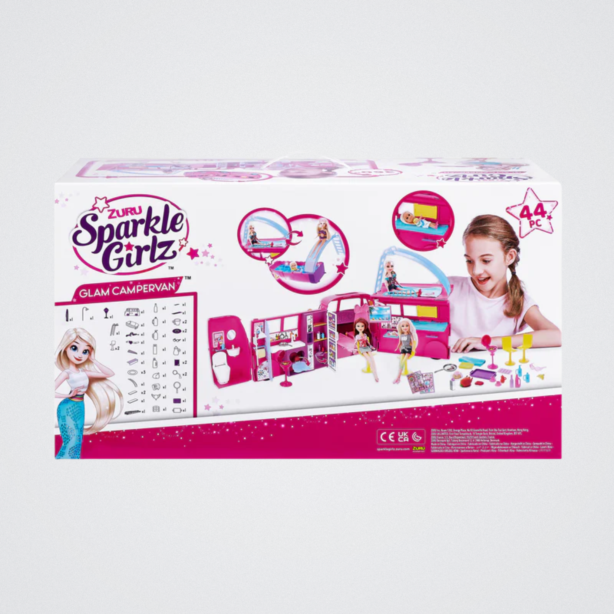Toy box packaging for 'Zuru Sparkle Girlz Glam Campervan' with illustrations and text on a white background.