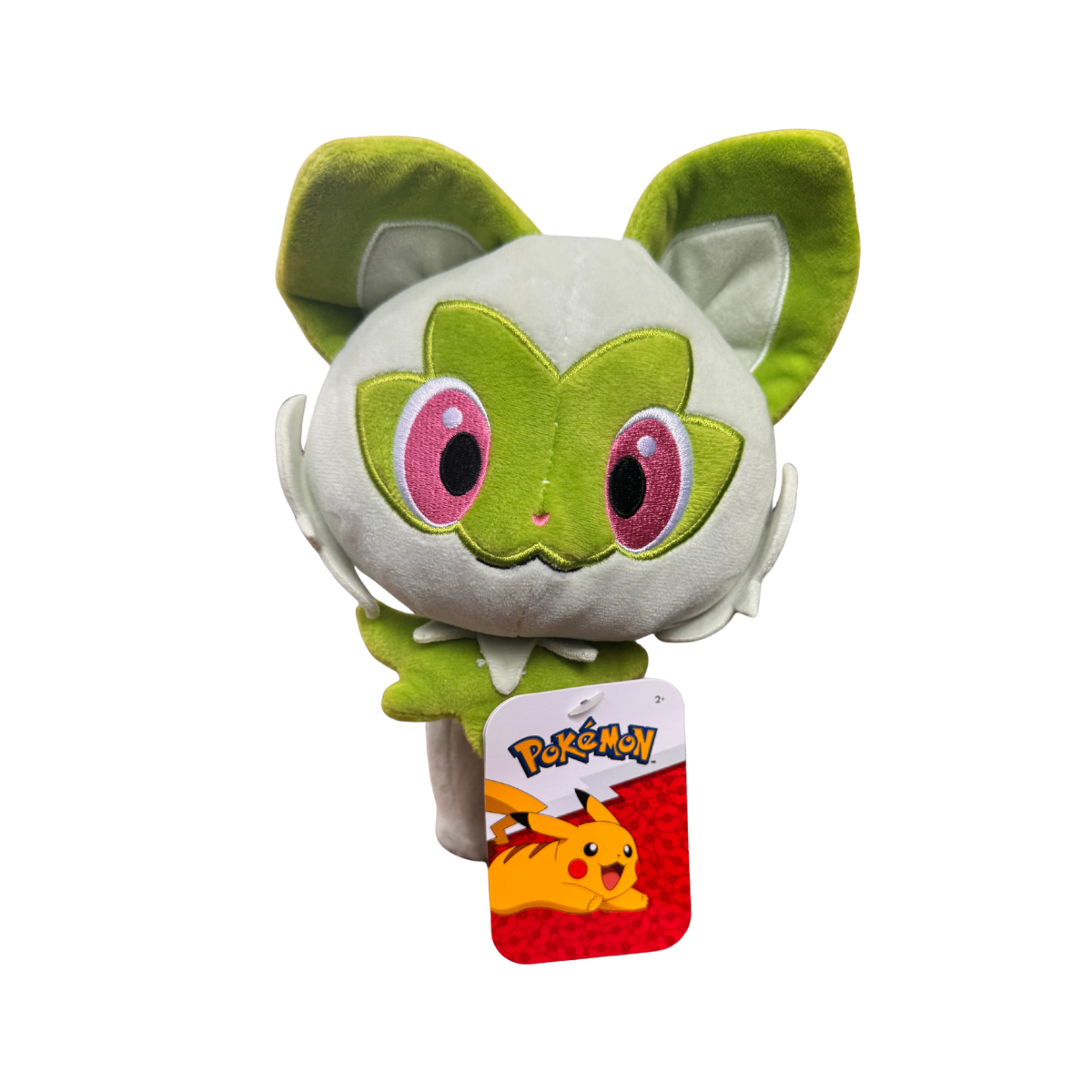 Plush toy of a character from the Pokémon franchise Sprigatito on a white background