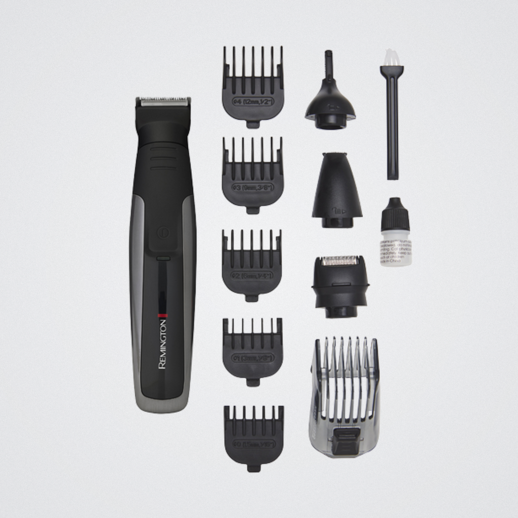 Remington hair trimmer set with various attachments on a light gray background