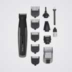 Remington hair trimmer set with various attachments on a light gray background