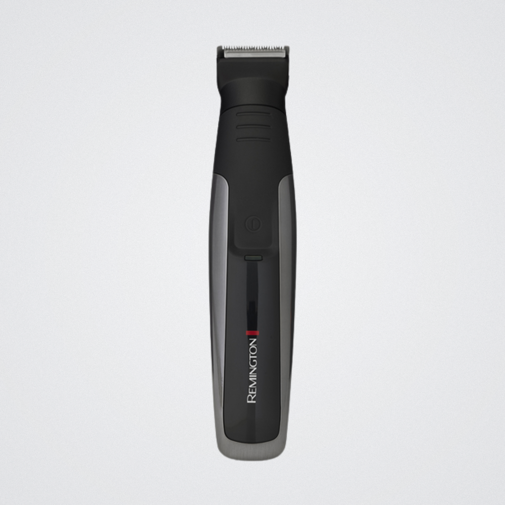 Black and gray Remington hair trimmer on a light gray background