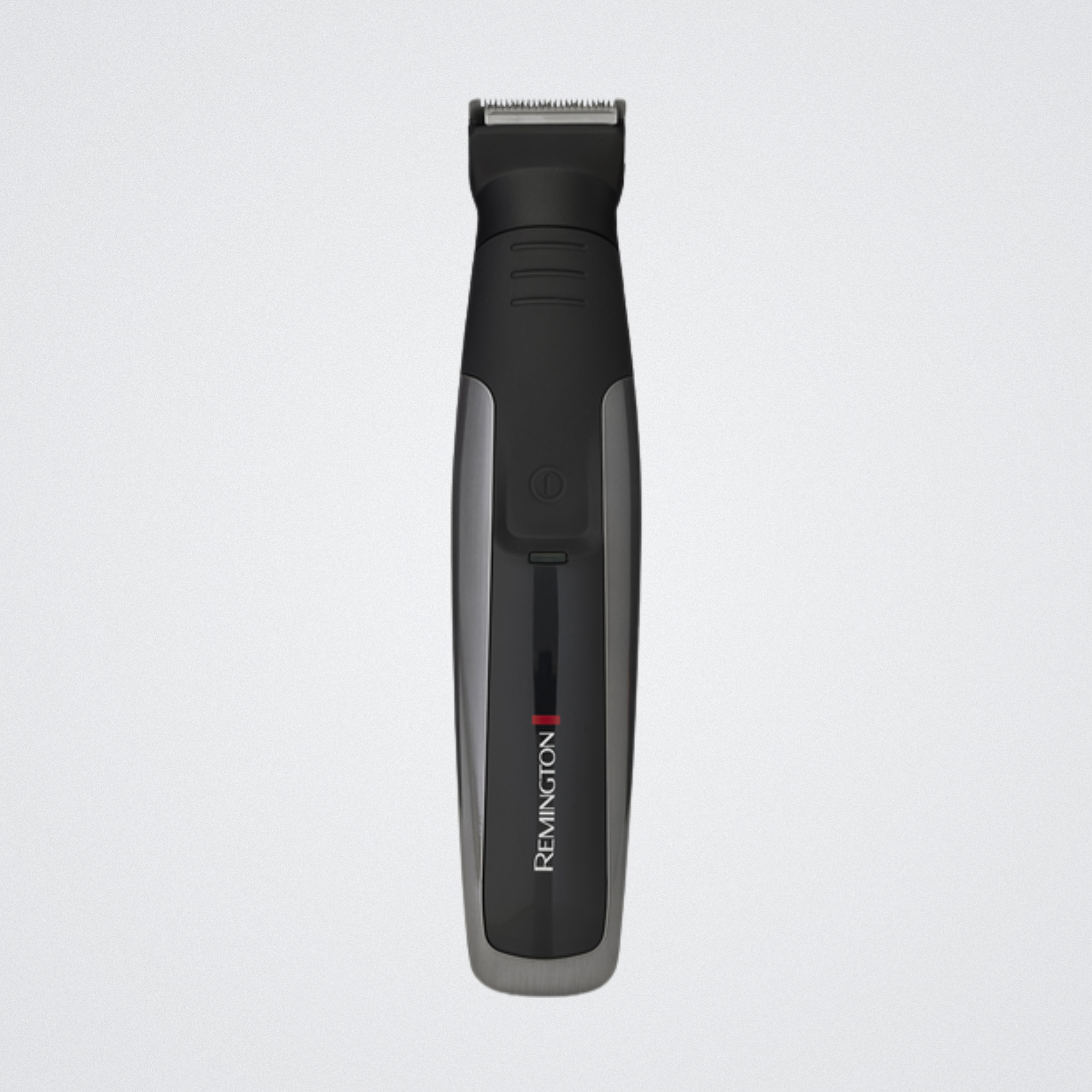 Black and gray Remington hair trimmer on a light gray background