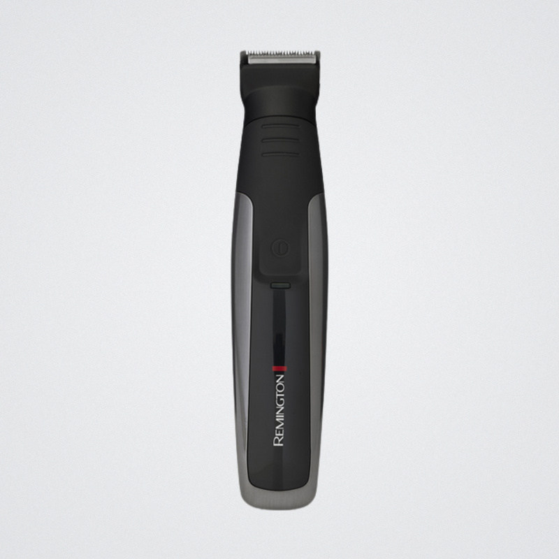 Black and gray Remington hair trimmer on a light gray background