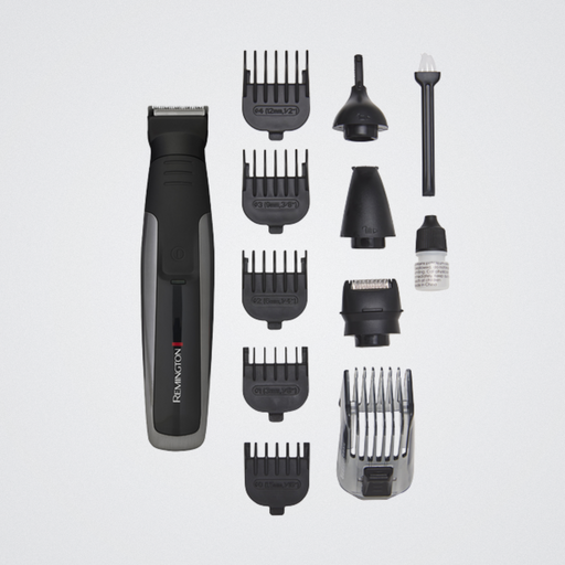 Remington hair trimmer set with various attachments on a light gray background