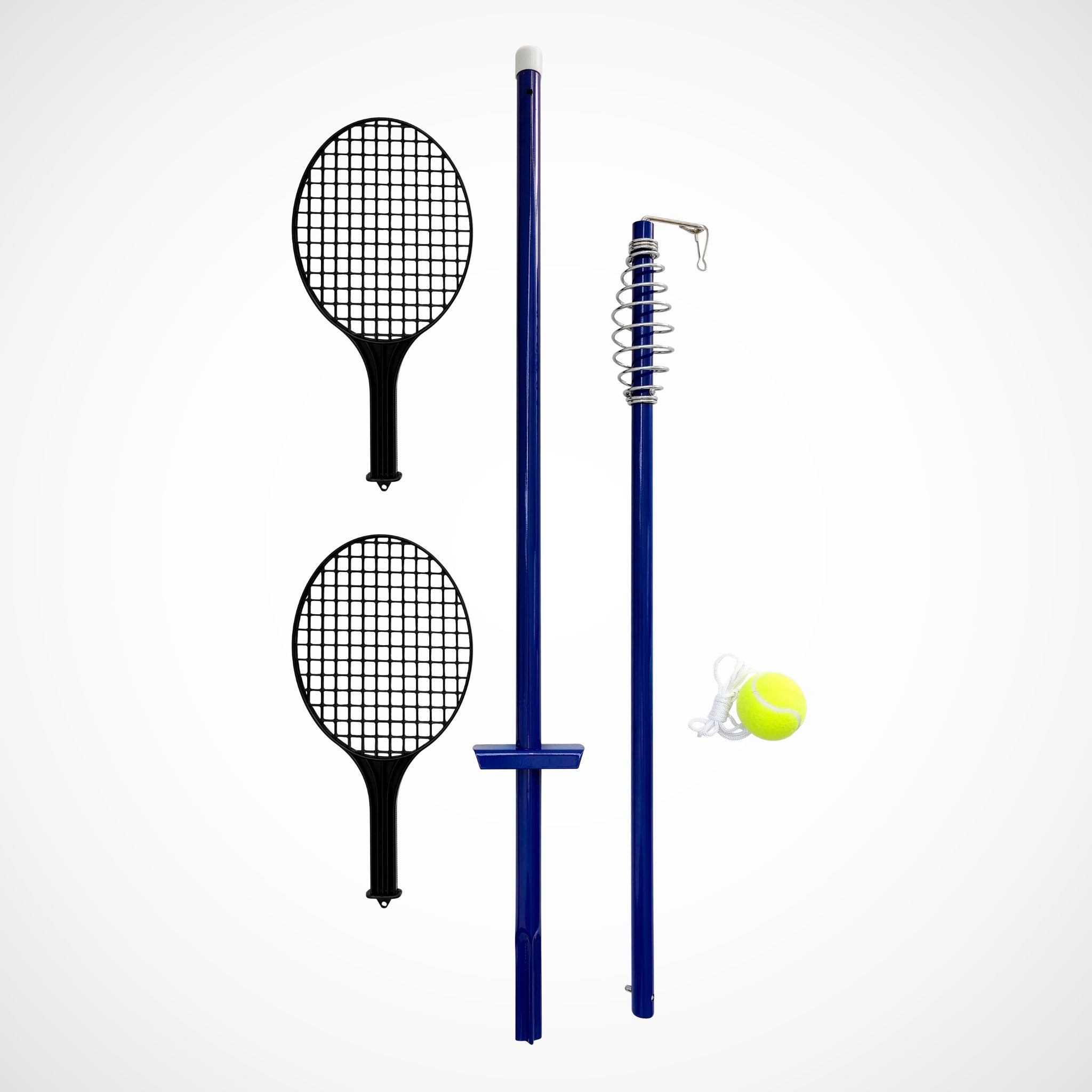 Two tennis rackets, a blue pole, and a yellow tennis ball on a white background