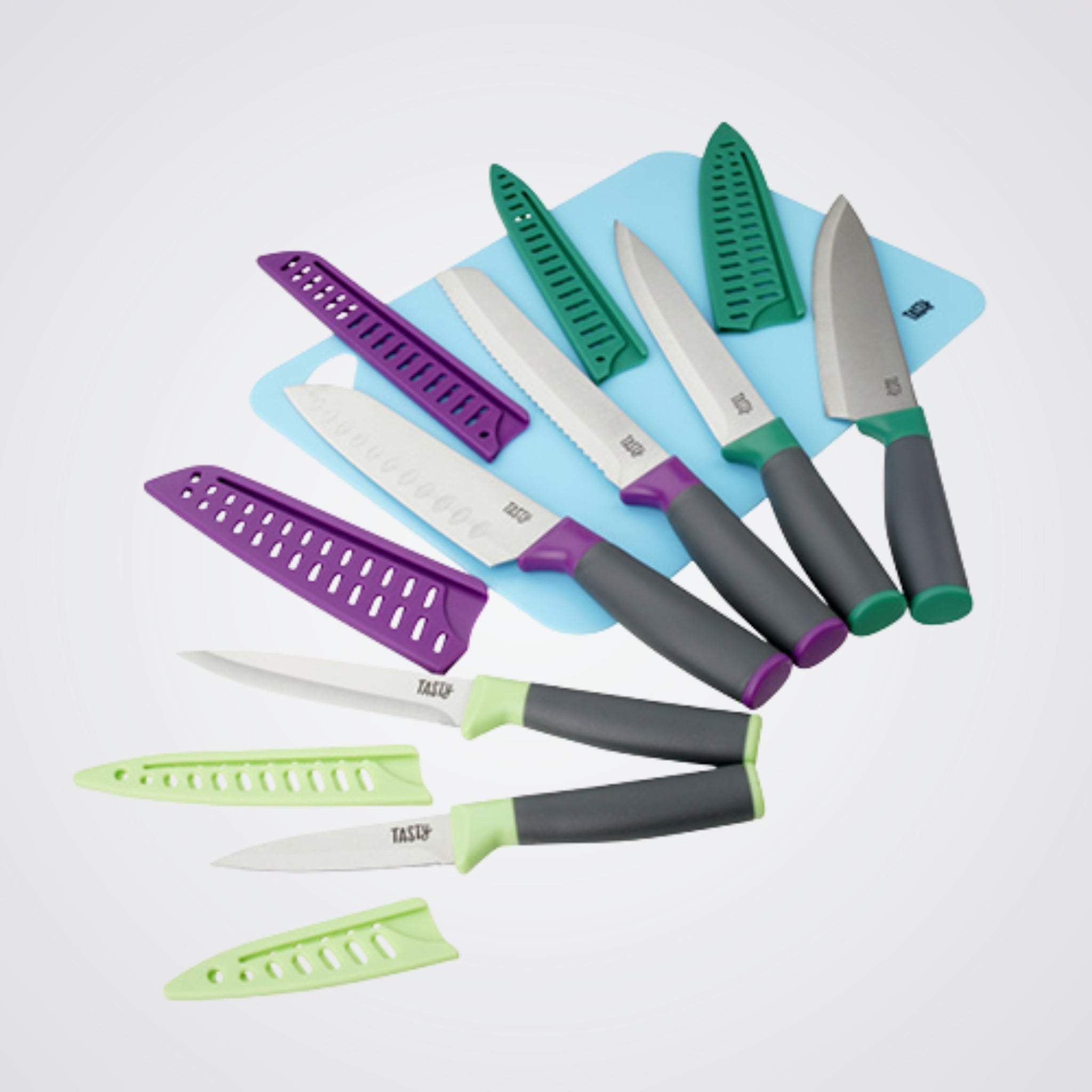 Kitchen Knives Set, Protective Blade Case, Chopping Board, Purple, Green & Blue 