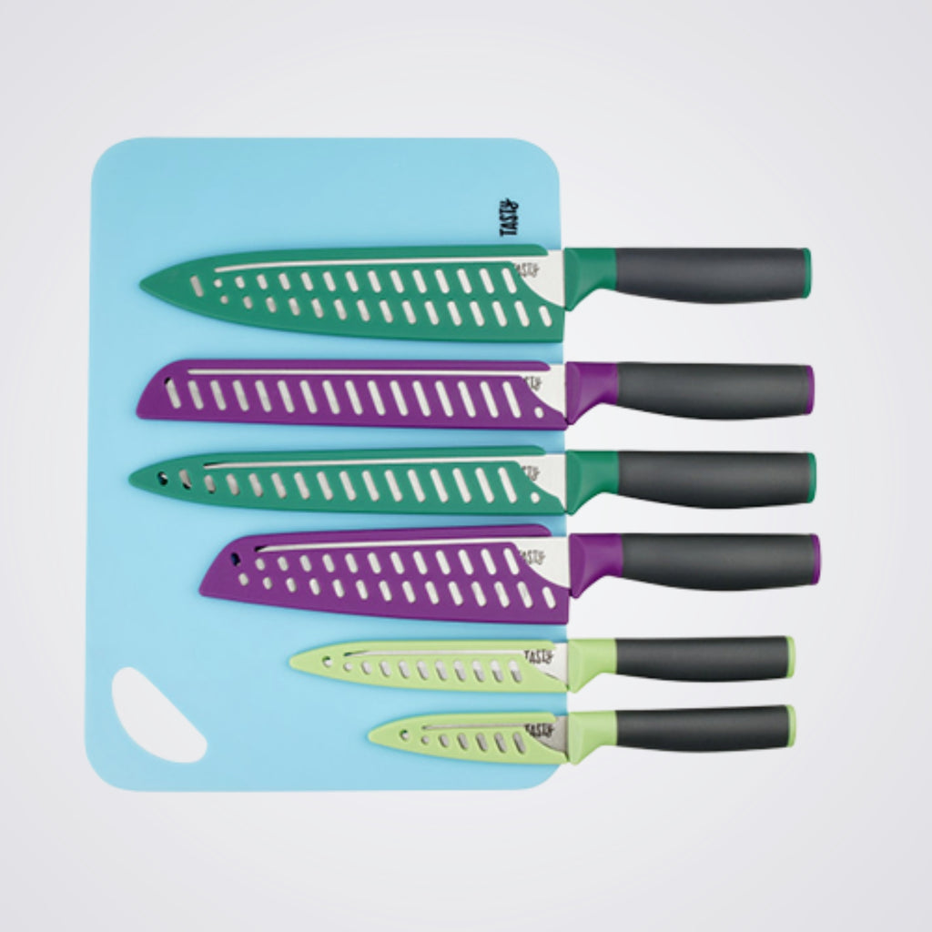 Kitchen Knives Set, Protective Blade Case, Chopping Board, Purple, Green & Blue 