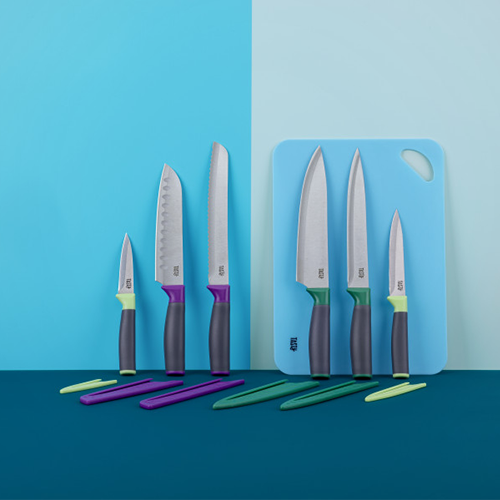 Kitchen Knives Set, Protective Blade Case, Chopping Board, Purple, Green & Blue 