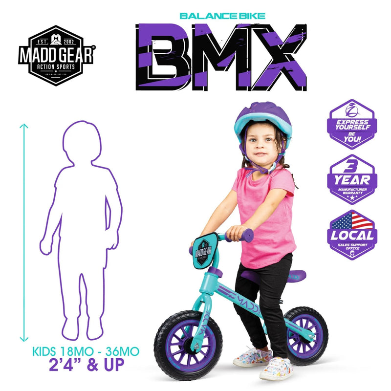 Toddler riding the teal and purple Madd Gear My 1st BMX balance bike, for ages 18–36 months