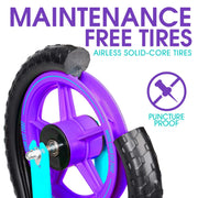 Puncture-proof solid tyres on the Madd Gear teal and purple balance bike