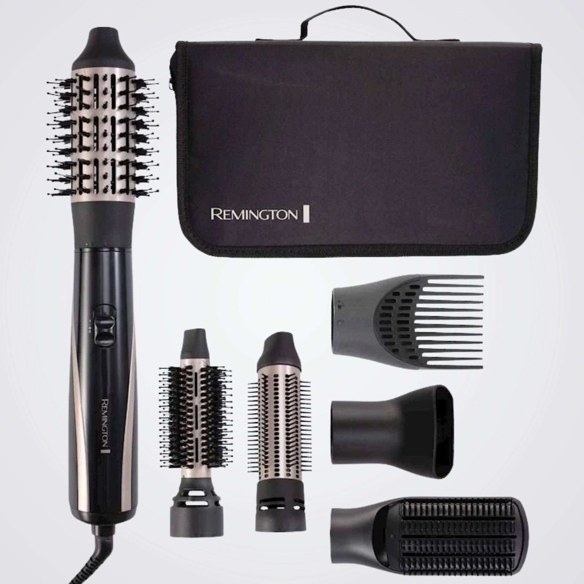 Remington hair styling tool set with attachments on a light background