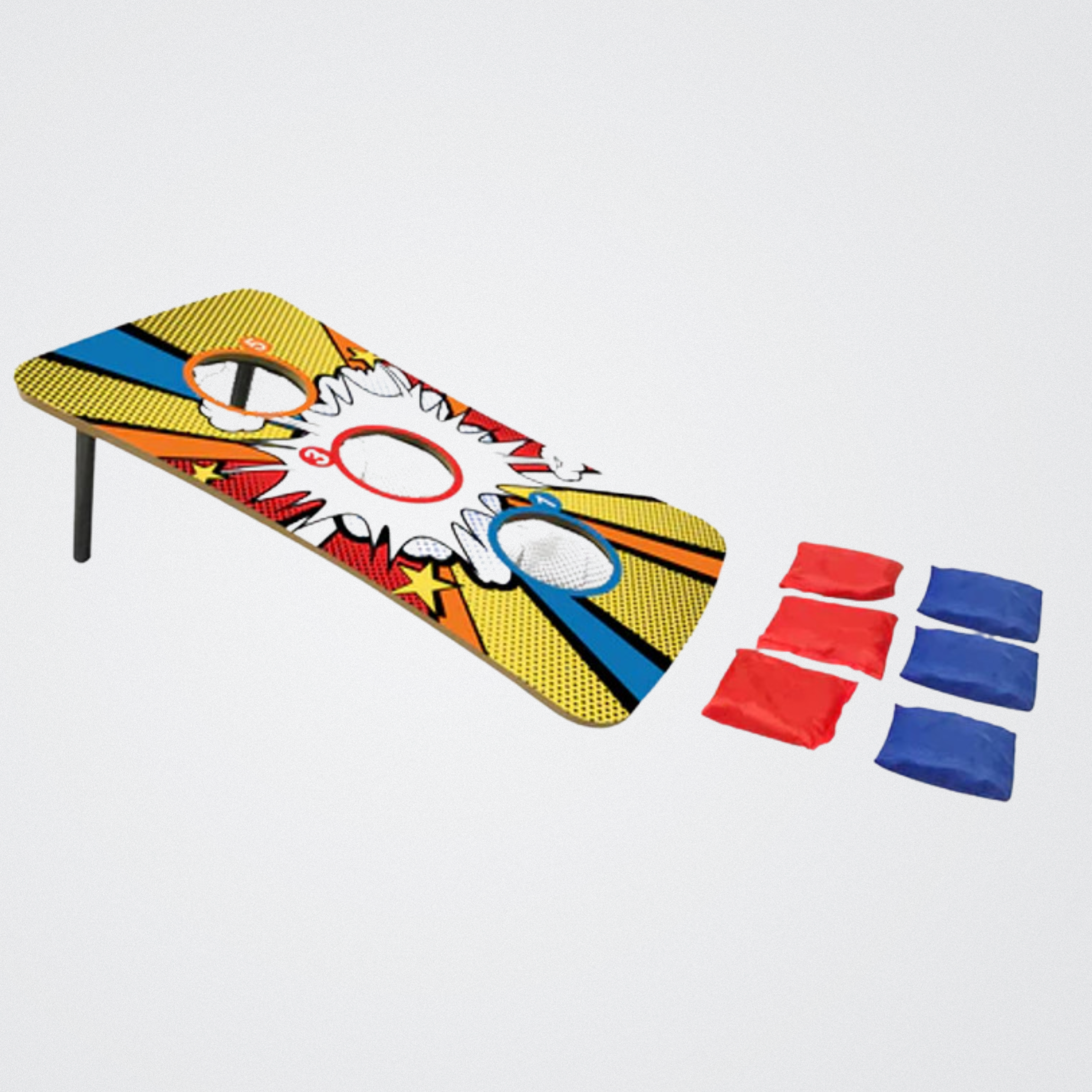 Colorful bean bag toss game with abstract design on a white background