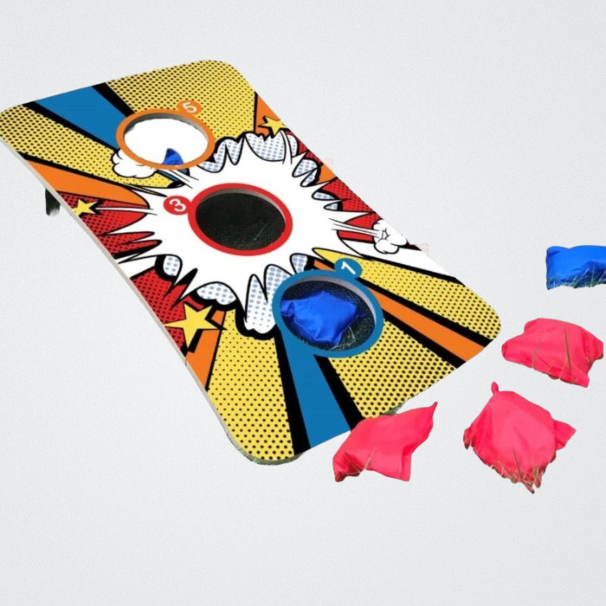 Colorful cornhole board with bean bags on a light gray background