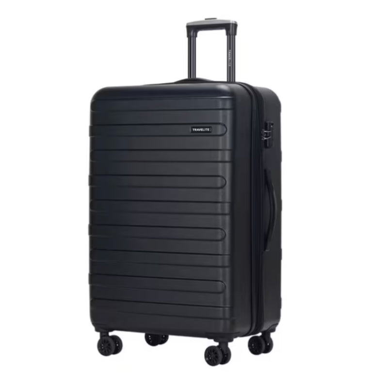 Black suitcase with wheels on a white background