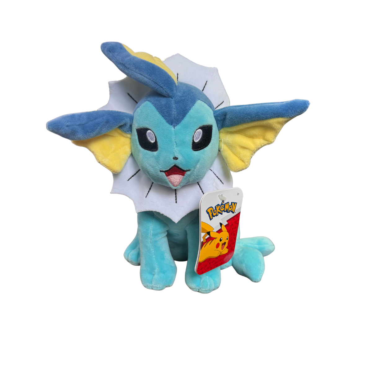Plush toy of a blue and yellow creature Vaporeon with a Pokémon tag on a white background