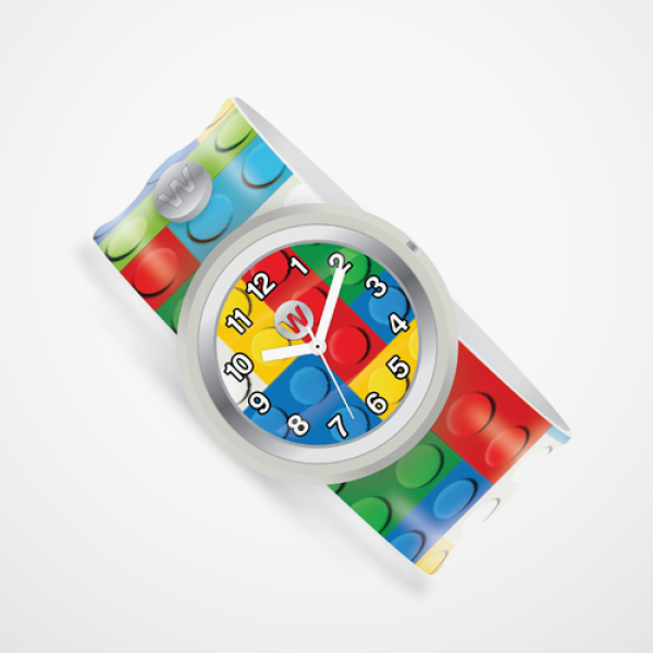 Colorful children's watch with a multicolored strap on a white background Lego theme 