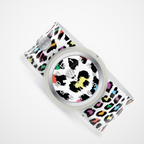 Watch with colorful leopard print strap and multicolored face on a white background