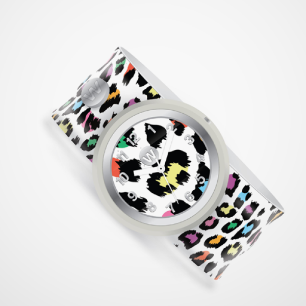 Watch with colorful leopard print strap and multicolored face on a white background