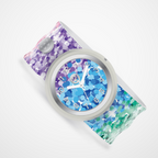 Colorful watch with a patterned strap on a white background - Sassy Sequins theme.