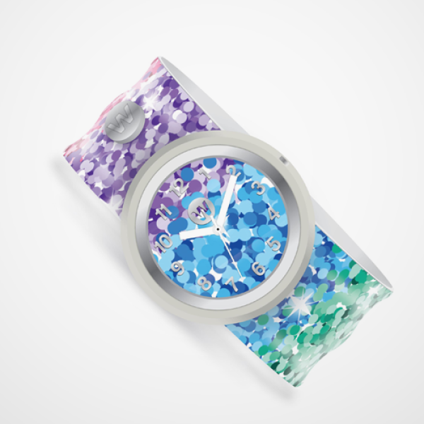 Colorful watch with a patterned strap on a white background - Sassy Sequins theme.