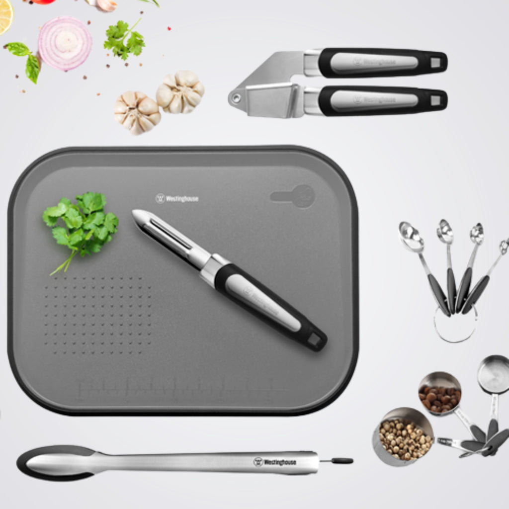 Scissors, Peeler, Can Opener, Garlic Crusher, Measuring Spoons & Cups, Tongs, Chopping Board, Black Grey and Stainless steel  