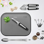 Scissors, Peeler, Can Opener, Garlic Crusher, Measuring Spoons & Cups, Tongs, Chopping Board, Black Grey and Stainless steel  