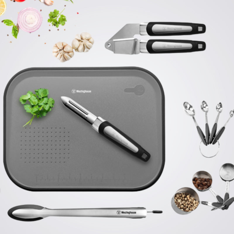 Scissors, Peeler, Can Opener, Garlic Crusher, Measuring Spoons & Cups, Tongs, Chopping Board, Black Grey and Stainless steel  